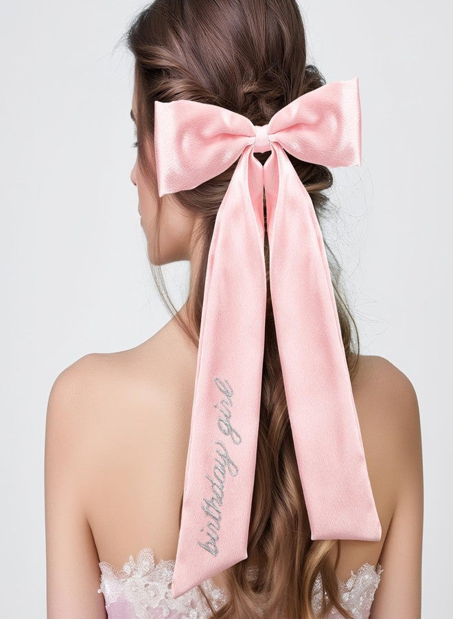 Canlierr Embroidered Pink Birthday Girl Hair Bow for Women Birthday Girl Hair Bow Clips Big Pink Bows Satin Ribbons Accessories Gifts Party Favors - Image 1